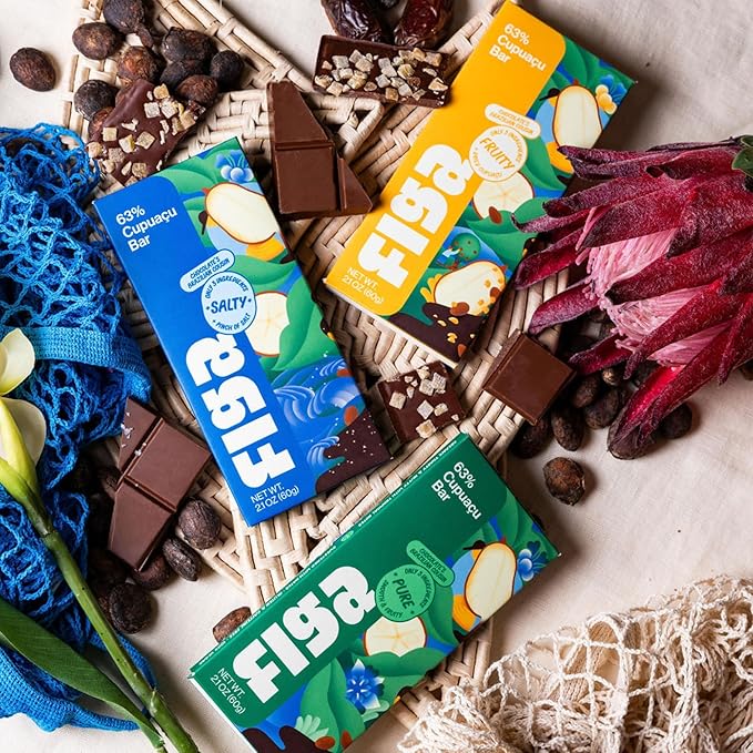 Figa Foods 63% Salty Cupuaçu Bar - Date Sweetened Vegan Gluten Free Caffeine Free Only 3 Ingredients plus Sea Salt - Chocolate's Brazilian Cousin [60g] - 3 Pack