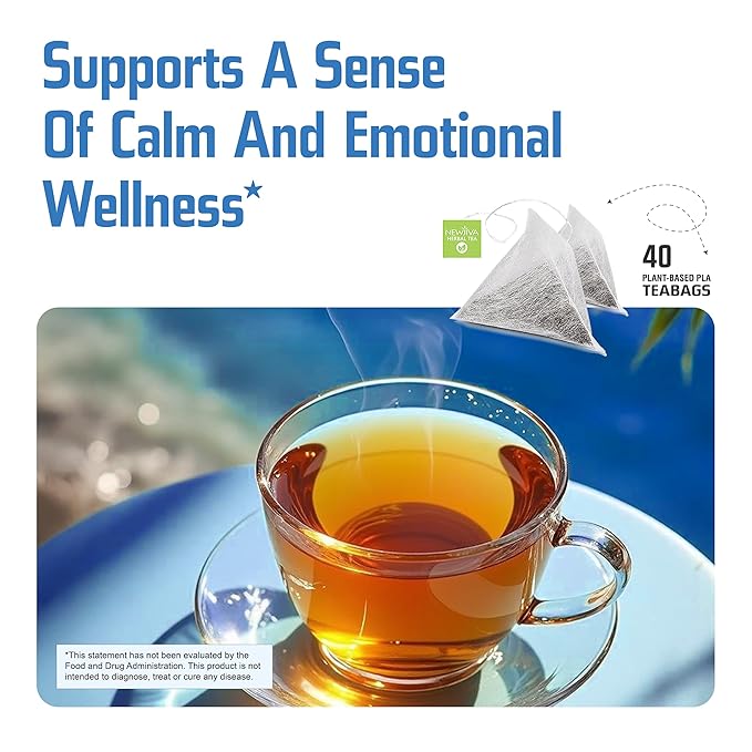 Newjiva De-Stress Herbal Tea - 40 Tea Bags Per Pack - All Natural - Caffeine Free - Includes Bacopa monnieri (Brahmi) Chamomile Lavender Rose Ashwagandha &amp more- GMP Certified Facility