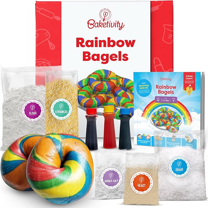Baketivity Rainbow Bagel Kids Baking Kit - Baking Kits for Kids with Premeasured Ingredients Step-By-Step Instructions Video Guide and STEM Lessons - Cooking for Ages 6-12+