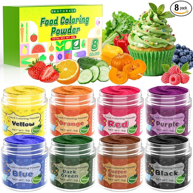 Natural Food Coloring Powder - 8 Colors Vibrant Concentrated Powdered Food Coloring Artificial Dye-Free &amp FD&ampC Natural Food Dye Powder for Baking Cake Decorating Cookies Icing Cooking F