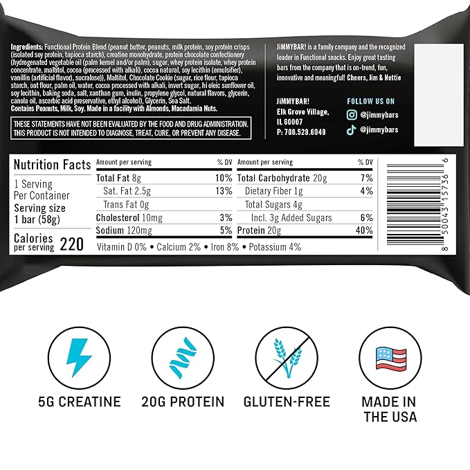 (NEW) JiMMYBAR! Creatine Protein Bar - 5g of Creatine Monohydrate + 20g Protein - High Protein Snack - Supports Muscle Growth Strength &amp Recovery - Real Food Energy Bar for Athletes | Double Fudg