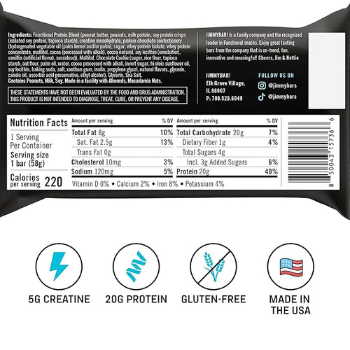 (NEW) JiMMYBAR! Creatine Protein Bar - 5g of Creatine Monohydrate + 20g Protein - High Protein Snack - Supports Muscle Growth Strength &amp Recovery - Real Food Energy Bar for Athletes | Double Fudg
