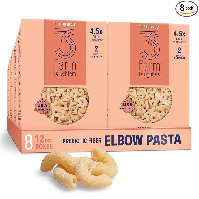 Three Farm Daughters High Fiber Elbow Macaroni Pasta Pack Low GI Non GMO Elbow Pasta Noodles Low Net Carb Made in the USA 12 oz. (8 Pack)