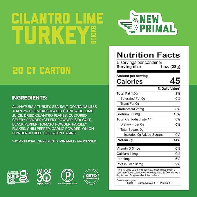 New Primal Cilantro Lime Turkey Sticks Keto Gluten Free Healthy Snacks for Adults Sugar Free Low Carb High Protein Paleo Whole30 Jerky Meat Stick 7g Protein 45 Calories 1oz (Pack of 20)