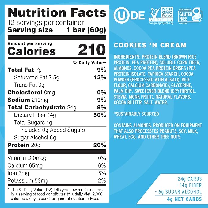 No Cow Vegan Protein Bars Upgraded Cookies 'n Cream | 20g Plant Based Protein Gluten Free Dairy Free Soy Free Keto Friendly Low Sugar High Fiber Snack Bars | Pack of 12