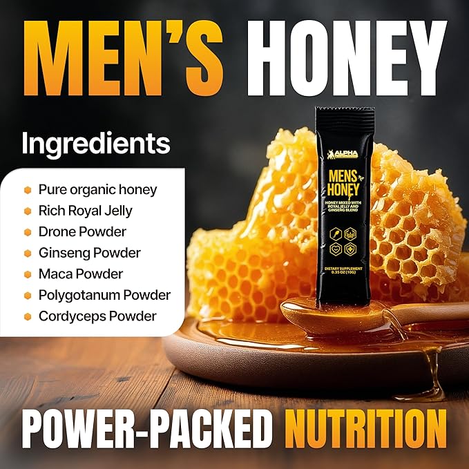 Royal Jelly Honey for Men - Extra Strength Quality Improved Formula Herbal Superfood Mix - Raw &amp Natural Energy &amp Power Supplement No Added Sugar - 24 Individual Packets 10g