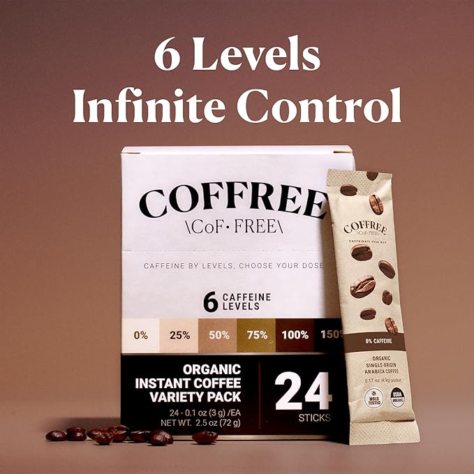 COFFREE Organic Instant Coffee Packets - 75% Half Caff Convenient Coffee Sticks Mold Free Low Acid Arabica Beans for On-the-Go Energy - Hot or Cold Smooth Taste Single Serve Travel Packets 24 Count