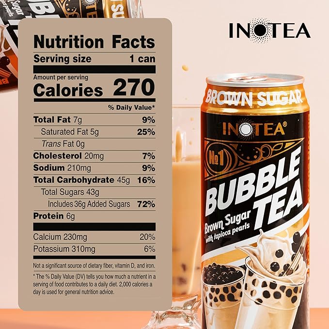 Inotea Bubble Tea with Tapioca Pearls - Delicious Instant Boba Tea - Ready-to-Drink Black Milk Tea - Comes in Large 16.6 oz Cans - Enjoy Real Boba Without the Long Lines - Brown Sugar - 12 pack