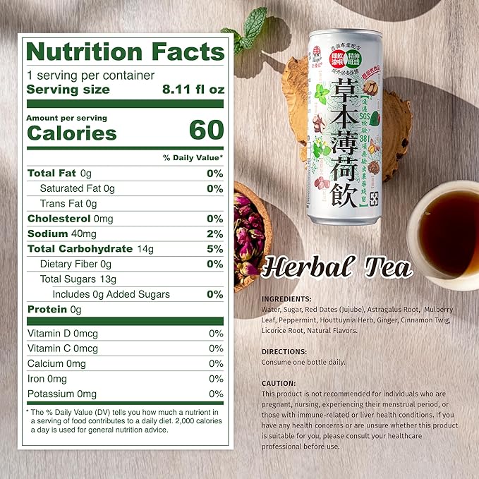 NÜLIFE Peppermint Herbal Iced Tea 8 Botanical Blend Herbal Tea Drink for Cooling Refreshment and Throat Soothe Caffeine-Free Zero Jitters Low Calorie Healthy Mint Drink 8.11 Oz Cans (Pack of 24)