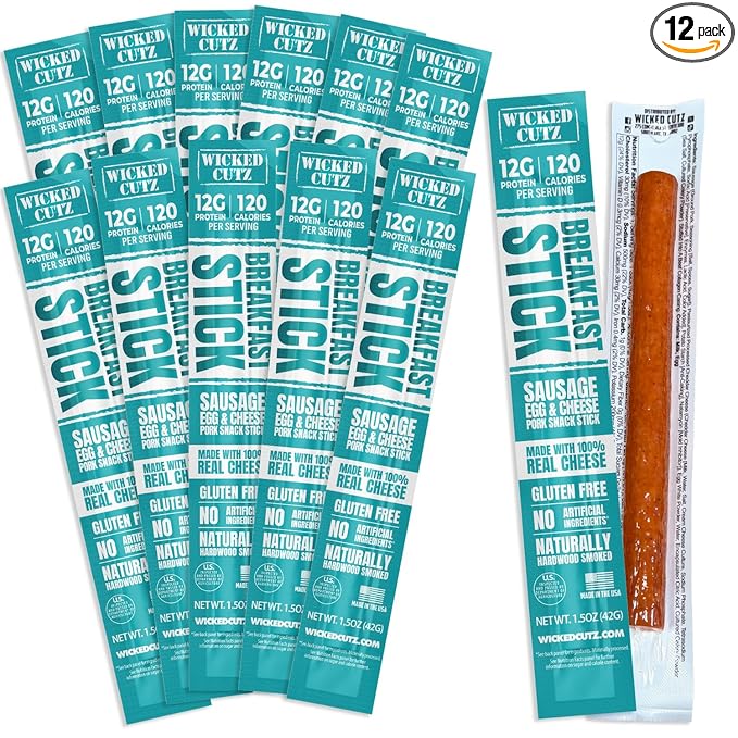 Wicked Cutz Sausage Egg and Cheese Stick 12g Protein Per Gluten Free Breakfast Stick USA Made High Protein Carnivore Snacks Breakfast Meat Sticks (12 Sticks)