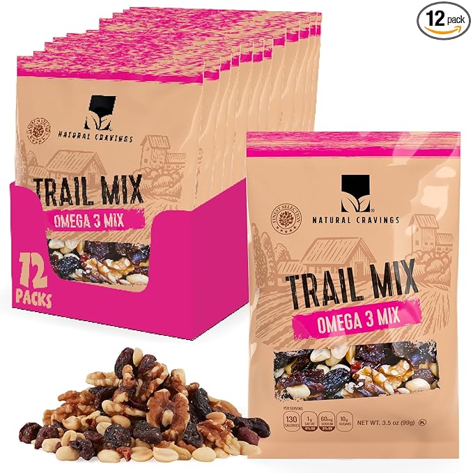 Natural Cravings Trail Mix Snack Packs - Individual 3.5 oz Bags of Trail mix - Omega 3 Dried Fruit Mix &amp Assorted Nuts Mix with Dry Cranberries Peanuts Raisins &amp Walnuts - Trail Mix Individu
