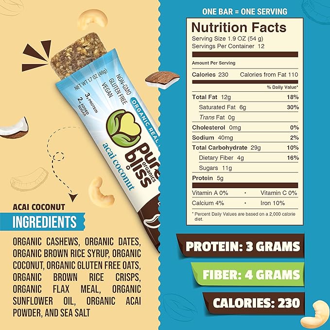 Organic Real Food Bar (Acai Coconut) Non-GMO Gluten Free Vegan Nutrition Bars Energy Bars Super Food Simple Ingredients Best Tasting Healthy Snack Breakfast Bars Dairy Free Soy Free Pure Bl