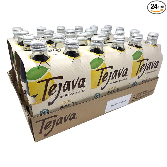 Tejava Lemon Black Iced Tea 24 Pack 12oz Glass Bottles Unsweetened Non-GMO Kosher No Sugar or Sweeteners No calories No Preservatives Brewed in Small Batches