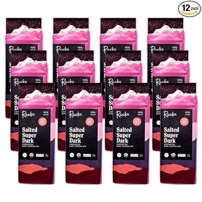 Raaka Salted Super Dark Chocolate Bars - 90% Cacao Organic Vegan Kosher Gluten Free Cane Sugar Free - Lightly Sweetened with Coconut Sugar - 1.8oz Bars 12-Pack