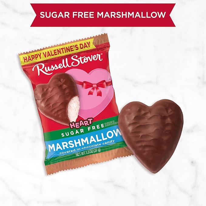 RUSSELL STOVER Valentine's Day Sugar Free Marshmallow Chocolate Candy Heart 1.3 oz. (Pack of 18)