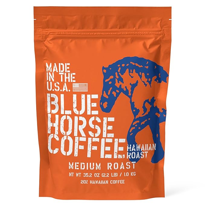 Blue Horse 'Gentle Giant' Hawaiian Roast Arabica Whole Beans Blend (20% Kona) Medium Roast 2.2 Lbs (35 oz) Farm-Fresh Arabica Coffee Smooth &amp Bold Flavor with Rich Aroma