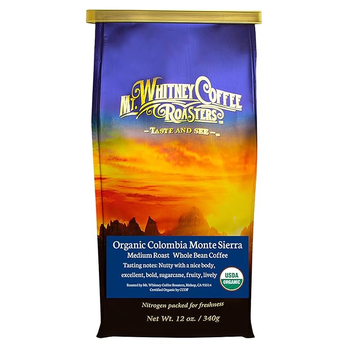 Mt. Whitney Colombia Monte Sierra Organic Single Origin Medium Dark Roast Smooth Full Flavored Low Acid Coffee (Whole Bean 12 Oz)