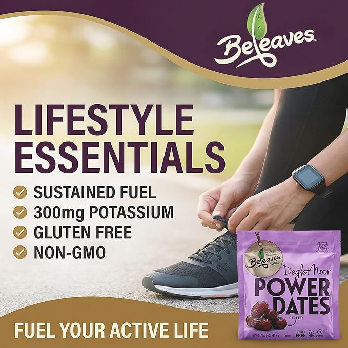 Beleaves Deglet Noor Pitted Power Dates 1.76 oz (12 Pack) | Single Serve Snack Pouches | Low Sodium High Fiber | Natural Energy Fruit Snack | No Added Sugar Gluten Free Vegan | Kosher
