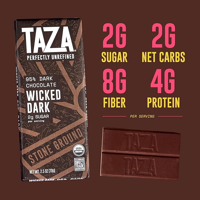 TAZA chocolate Organic Amaze Bar 95% Stone Ground Wicked Dark With Almonds Vegan 2.5 Oz 10 Count