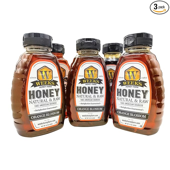 Pure Raw Unfiltered Orange Blossom Honey 16 oz (3 Pack) - Premium American Sourced by Weeks Honey Farm | Light Citrus Floral Natural Sweetener Ideal for Tea Baking | Energy | Wellness