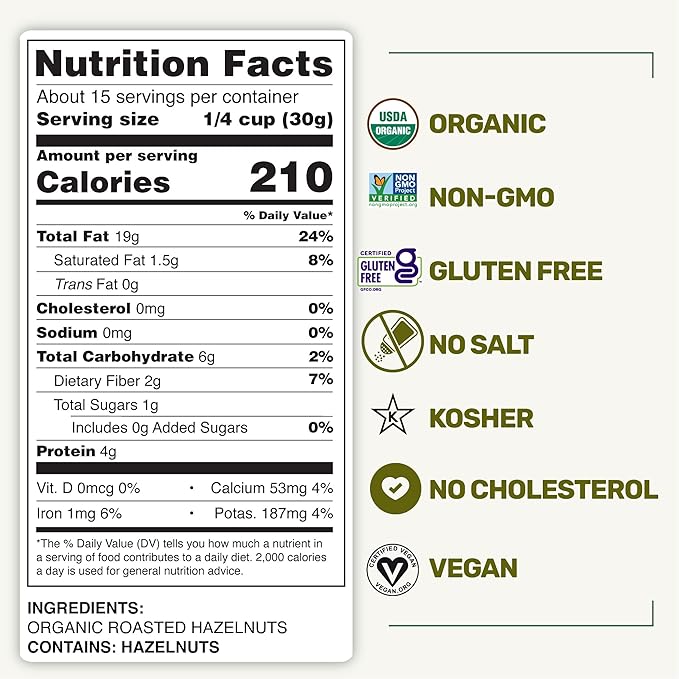 Happy Village Organic Roasted Hazelnuts 16 OZ Resealable Bag Roasted and Unsalted USDA Organic Non-GMO Kosher Vegan Gluten-Free Filbert Nuts No Added Oil or Preservatives