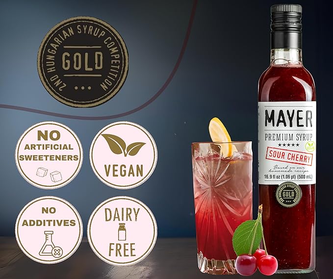 Mayer Sour Cherry Syrup – Award-Winning Cherry Syrup for drinks All-Natural Gluten-Free (16.9 oz) – Ideal Cocktail &amp Drink Mixer and Coffee Syrup No Artificial Additives. (2 Pack)