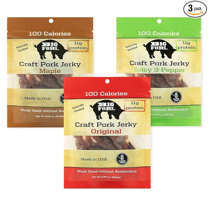 Big Fork Craft Pork Jerky Variety Pack – 3 Flavors to Try (Original Maple Spicy 3-Pepper) | Bacon-Inspired Small-Batch Jerky | 100% Berkshire Pork | Keto Paleo Gluten-Free | 3 Bags (2.25 oz Each)