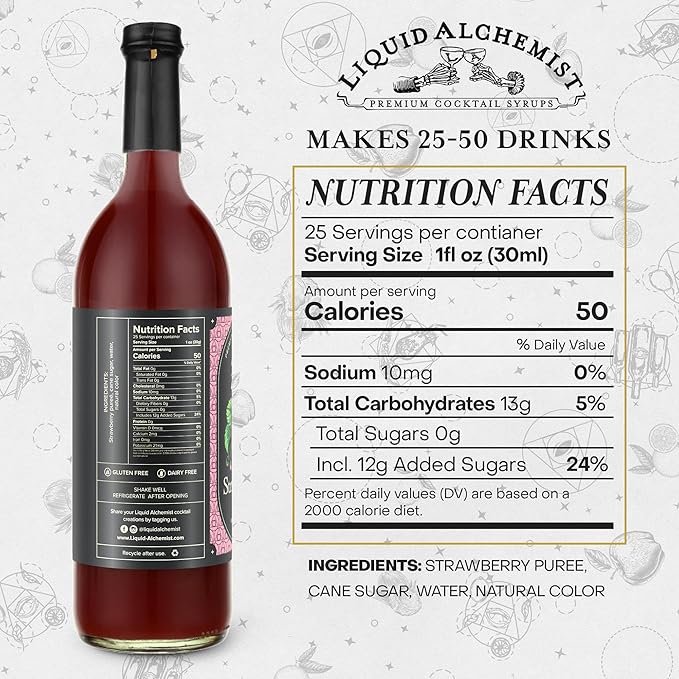 Liquid Alchemist Strawberry Syrup for Drinks - Real Ingredients Make our Strawberry Puree for Drinks a Perfect Margarita Mix - Our Flavored Syrup is Gluten &amp Dairy Free (25.4 oz)