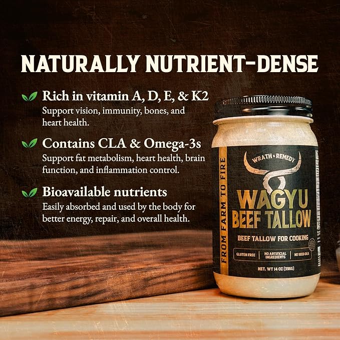 Wagyu Beef Tallow for Cooking (14 oz) — US-Made 100% Pure Wagyu Tallow Rich Umami Flavor — Premium Beef Tallow for Frying Searing Baking(S.P ~400°F) — Keto Paleo Carnivore Friendly– No Additives