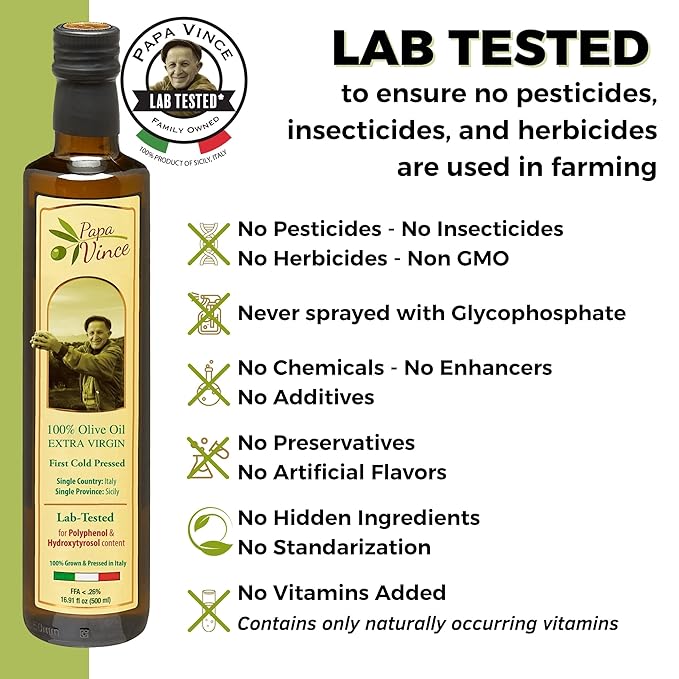 Papa Vince Olive Oil Extra Virgin - First Cold Press Family Harvest 2024/25 Polyphenol Rich Subtle Peppery Finish Unrefined High in Monounsaturated Fat No Pesticides No GMO Sicily Italy