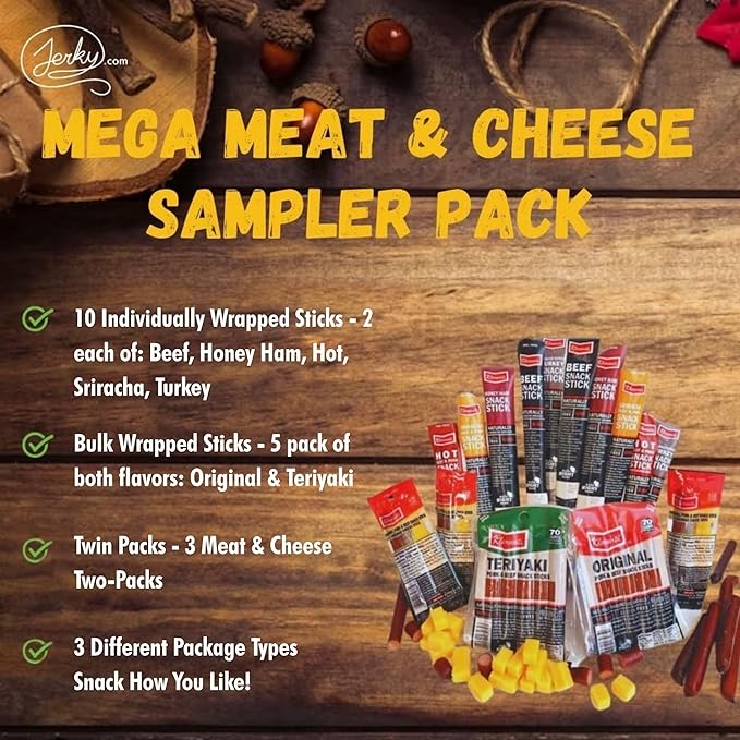 Jerky.com Meat &amp Cheese Sticks Sampler | 26pc Meat Sticks Variety Pack with Beef Sticks Pork Turkey Ham &amp Cheese | High Protein Gluten-Free Low Carb Meat Sticks individually wrapped | Bee