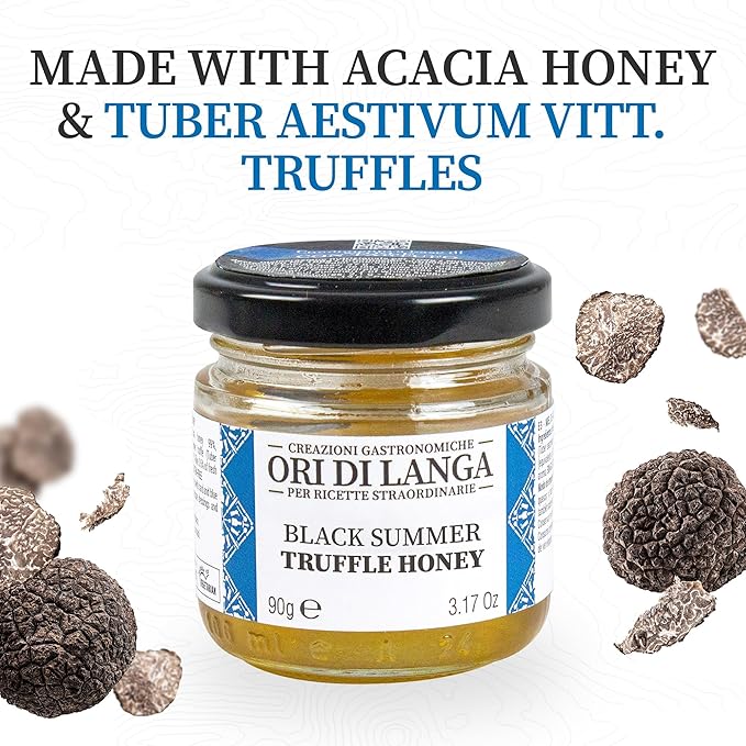 Ori di Langa Black Truffle Honey - Gourmet Flavored Honey Infused with Black Summer Truffles Foraged in Italy Luxurious All Natural Sauce for Foodies Non-GMO - 3.17 oz