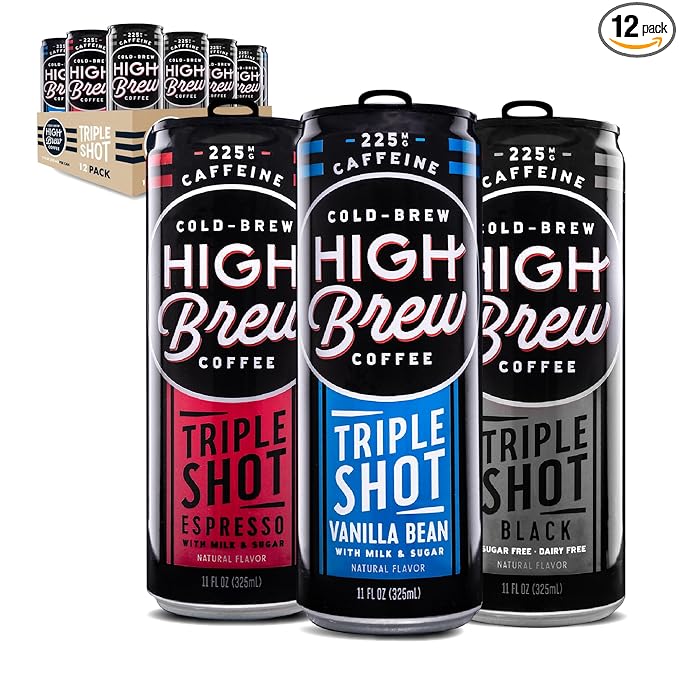 High Brew Coffee | Triple Shot Cold Brew Variety Pack – Vanilla Bean Black &amp Espresso | Lightly Sweetened Iced Coffee with Pure Cane Sugar 225mg Natural Caffeine Low-Acid Ready-to-Drink (8 oz
