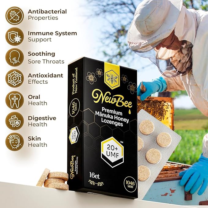 Manuka Honey Lozenges16 Count Made W/UMF 20+ MGO 1046 New Zealand Manuka Honey UMF Certified Monofloral Traceable from Hive to Hand (16 ct Umf 20)