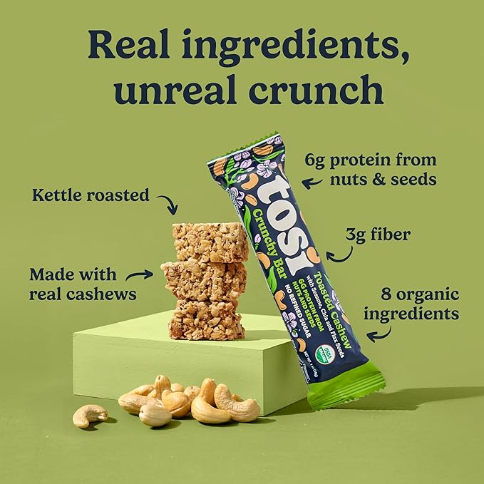 Tosi Nut Bars Cashew Healthy Snacks for Adults &amp Kids Plant Based Crunchy Bars (6G Protein) Organic Keto Snacks Vegan Gluten &amp Soy Free Low Sugar Omega 3s 1oz 12-Pack