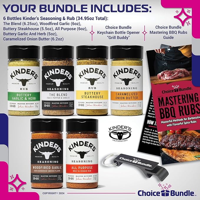 Kinders Buttery Garlic &amp Herb Woodfired Garlic The Blend Buttery Steakhouse All Purpose Caramelized Onion Butter Seasoning &amp Rub 6 pk (34.95 oz) + BBQ Masters &amp Opener (8 Items)!