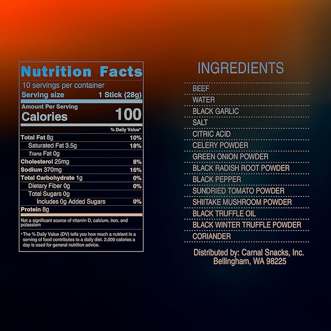 Carnal Luxury Beef Sticks - Black Truffle &amp Black Garlic Gourmet Flavor 10 Pack - Chef Crafted Paleo-Friendly Keto Gluten-Free High Protein Carnivore Snacks