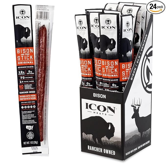 ICON Meats Bison and Pork Snack Sticks Original Flavor 24 Pack of High Protein Snacks Sugar Free Natural Jerky Meat Sticks Gluten Free USDA Inspected Made in USA Gifts for Him