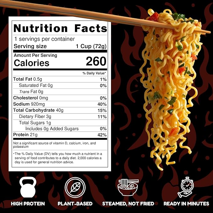 Power Noods High Protein Ramen Noodles - 12 or 6 Pack | Protein Ramen Cups for Lunch or Dinner | Better for You Plant-Based Instant Meal | Hot 'N' Spicy