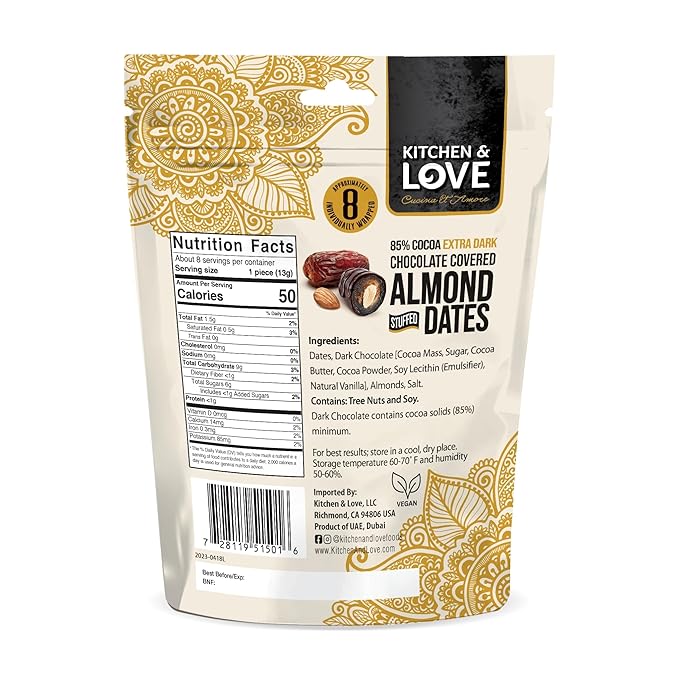 Kitchen &amp Love Chocolate Covered Almond Stuffed Dates in a Convenient Resealable Pouch 8 Individually Wrapped Pieces 85% Extra Dark Chocolate Healthy Snack 3.5 oz pouch (Pack of 4)
