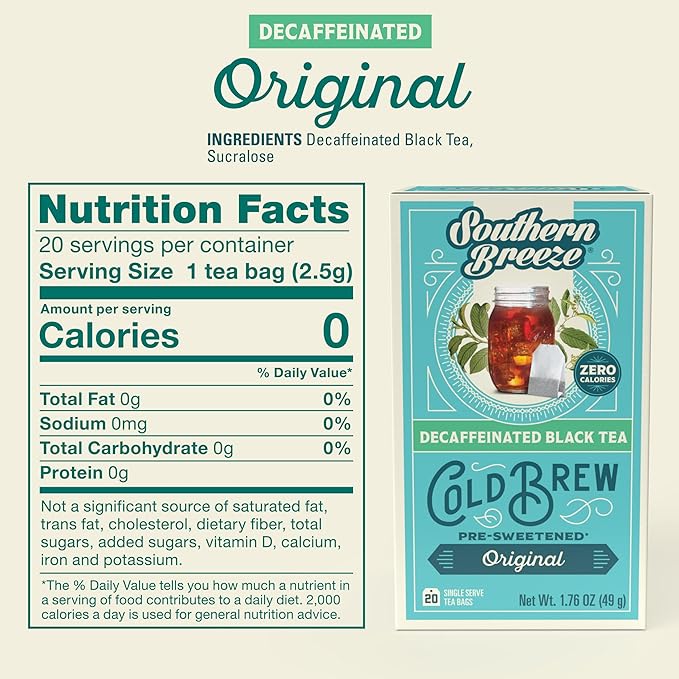 Southern Breeze Decaf Cold Brew Sweet Tea Original Iced Tea with Black Tea and Zero Carbs Zero Sugar 20 Individually Wrapped Tea Bags Pack of 4