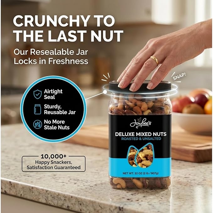 Jaybee’s Unsalted Mixed Nuts | 32 oz | Gourmet Roasted Deluxe Nut Mix with Cashews Almonds Pecans Hazelnuts Brazil Nuts (No Peanuts) | Keto Vegan Friendly Kosher Healthy Snacks