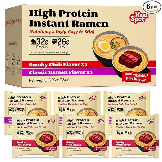 Healspot High Protein Instant Ramen Variety Pack 6 Pack Non Fried Ramen Broth 32g Plant Based Protein Low Fat Low Carb Non GMO Keto Friendly &amp Plant Based (Smoky-BeefClassic-Pork)