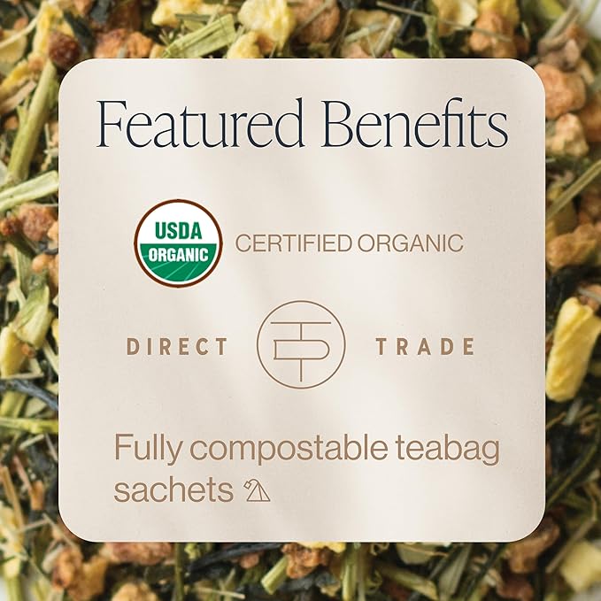 Rishi Tea Yuzu Peach Green Tea - Organic Loose Leaf Green &amp Herbal Blend Naturally Sweet &amp Low Caffeine Enjoy Hot or Iced - 50 Count