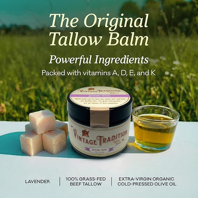 Vintage Tradition Beef Tallow All Purpose Balm - Healing Hydrating Lavender Skin Care Salve Replaces Body Lotion Hand Cream More - Essential Oil Olive Oil and Grass-Fed Tallow 2 fl. oz.