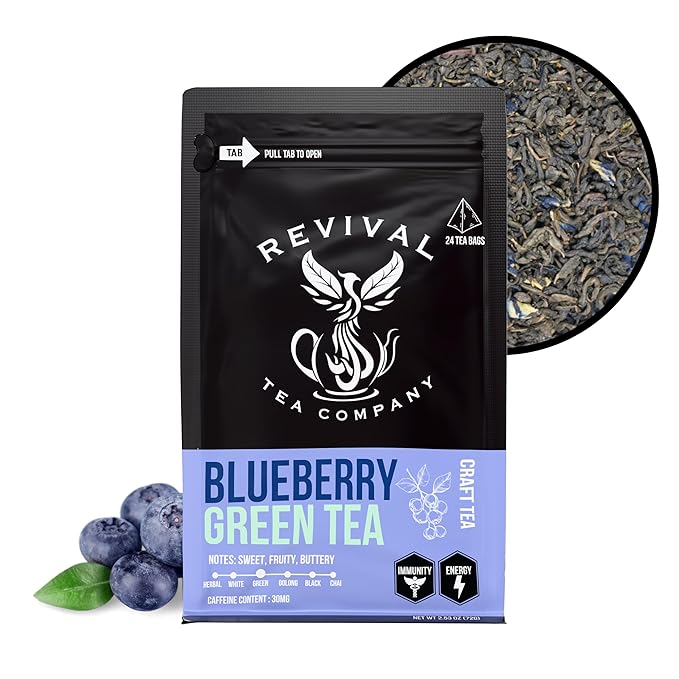 Revival Tea Company Blueberry Green Tea - Green Tea Blend with Natural Blueberry Flavor - Loose Leaf 6 Ounces