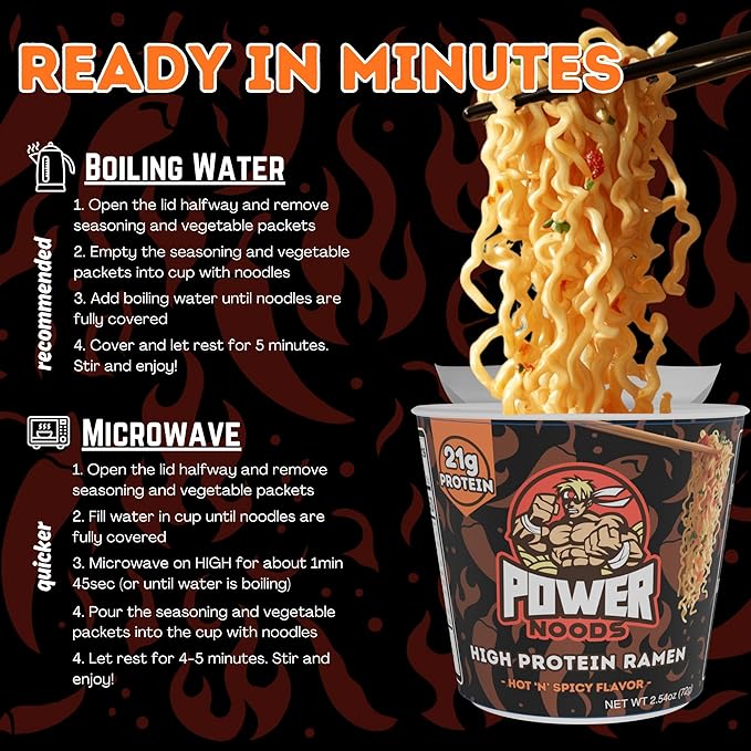 Power Noods High Protein Ramen Noodles - 12 or 6 Pack | Protein Ramen Cups for Lunch or Dinner | Better for You Plant-Based Instant Meal | Hot 'N' Spicy