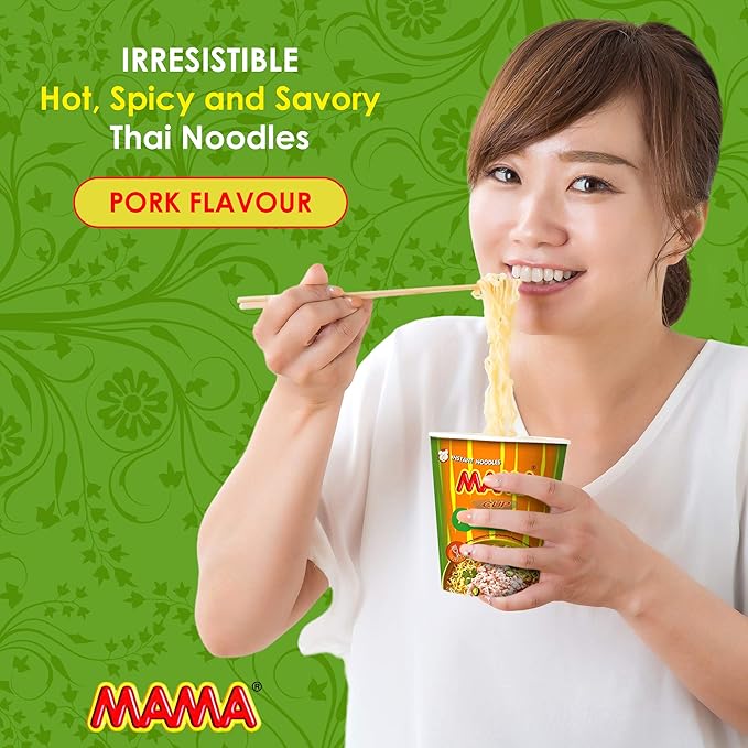 MAMA Noodles PORK Instant Cup of Noodles with Delicious Thai Flavors Hot And Spicy Noodles with Pork Soup Base No Trans Fat with Fewer Calories Than Deep Fried Noodles (Pork Flavor 6 Pack)