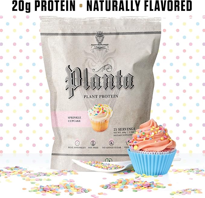 Ambrosia Planta - Plant-Based Protein Powder 20g | Dairy Free Vegan Protein Powder with BCAA Amino Acids | Keto-Friendly No Added Sugar | 25 Servings | Sprinkle Cupcake