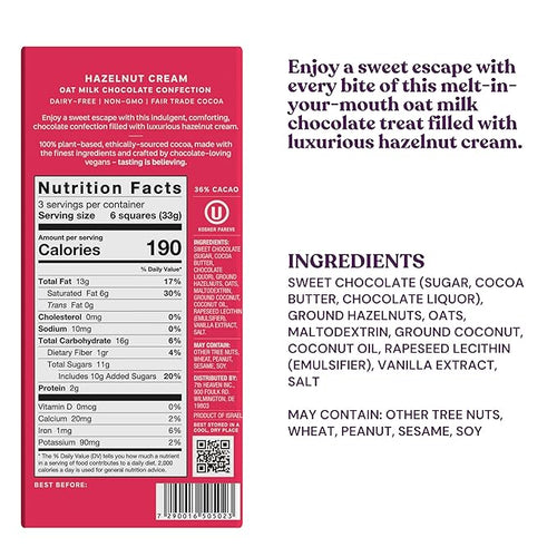7th Heaven Vegan Oat Milk Chocolate Bars: Hazelnut Cream - (3.5 oz - 4 Pack) Healthy Chocolate Perfect Valentines Gift For Your Loved Ones 100% Dairy Free Non GMO Kosher Parve Cruelty Free Fai